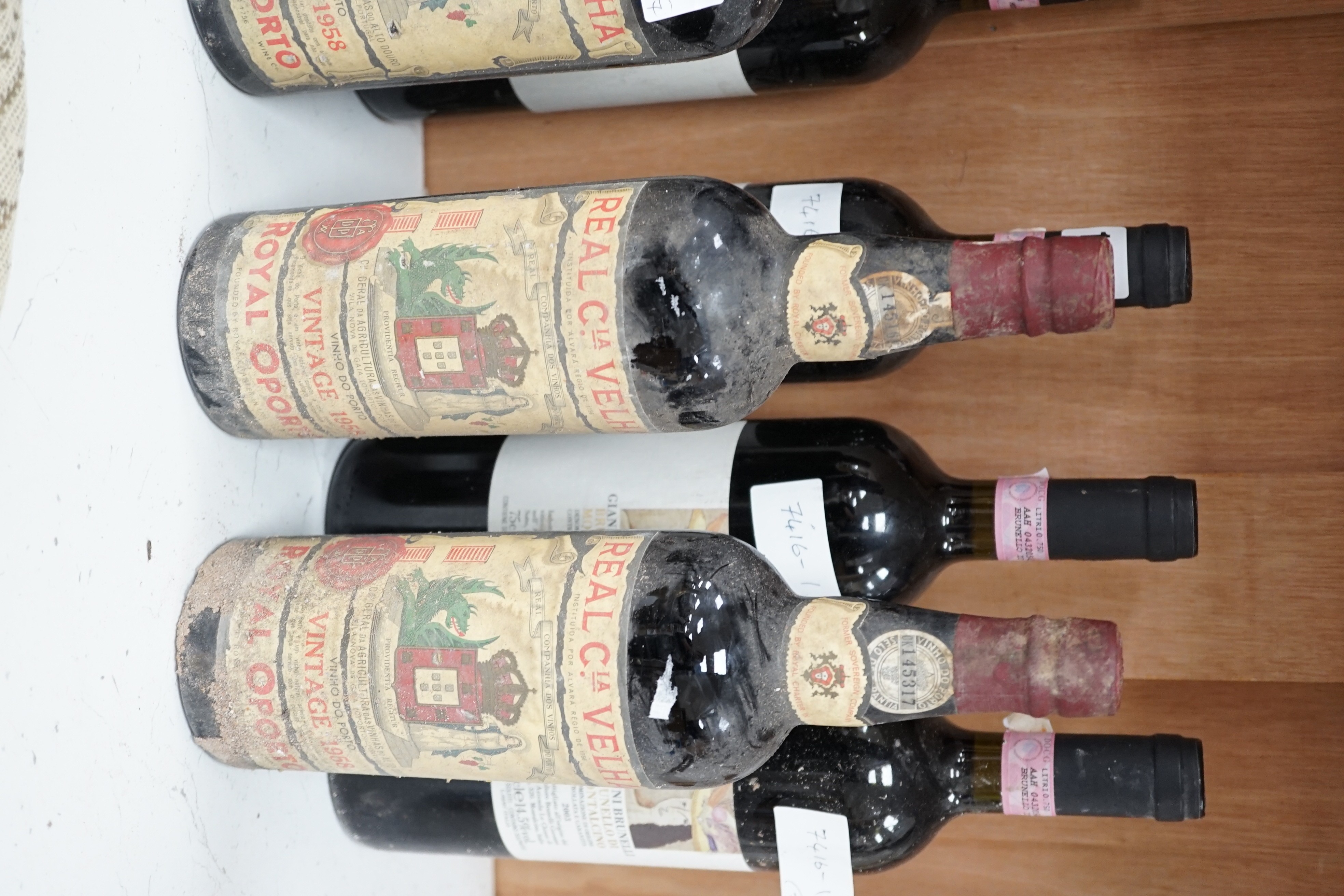 Three bottles of Real Cia Velha Royal Oporto 1958 vintage port and four bottles of Gianni Brunelli Brunello Di Montalcino, 2003.